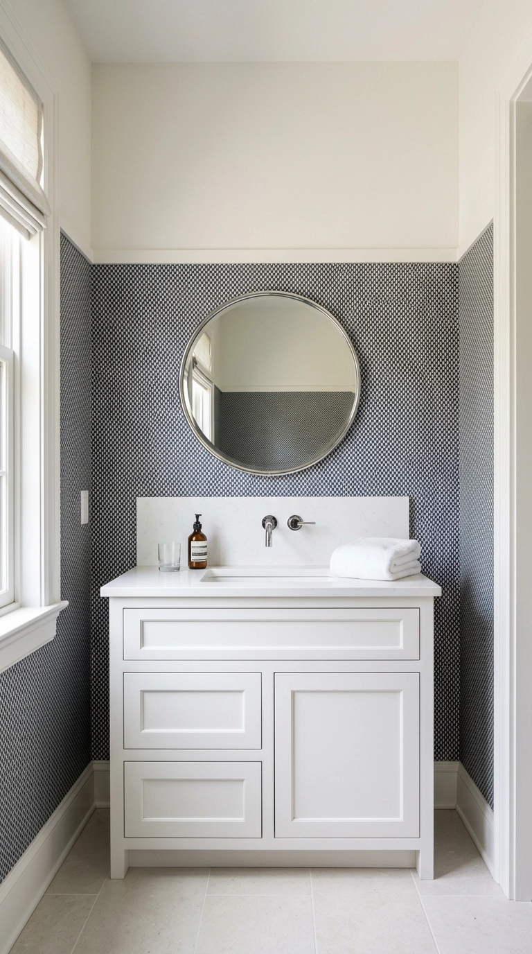 Bathroom wall with navy geometric wallpaper below and warm white paint above