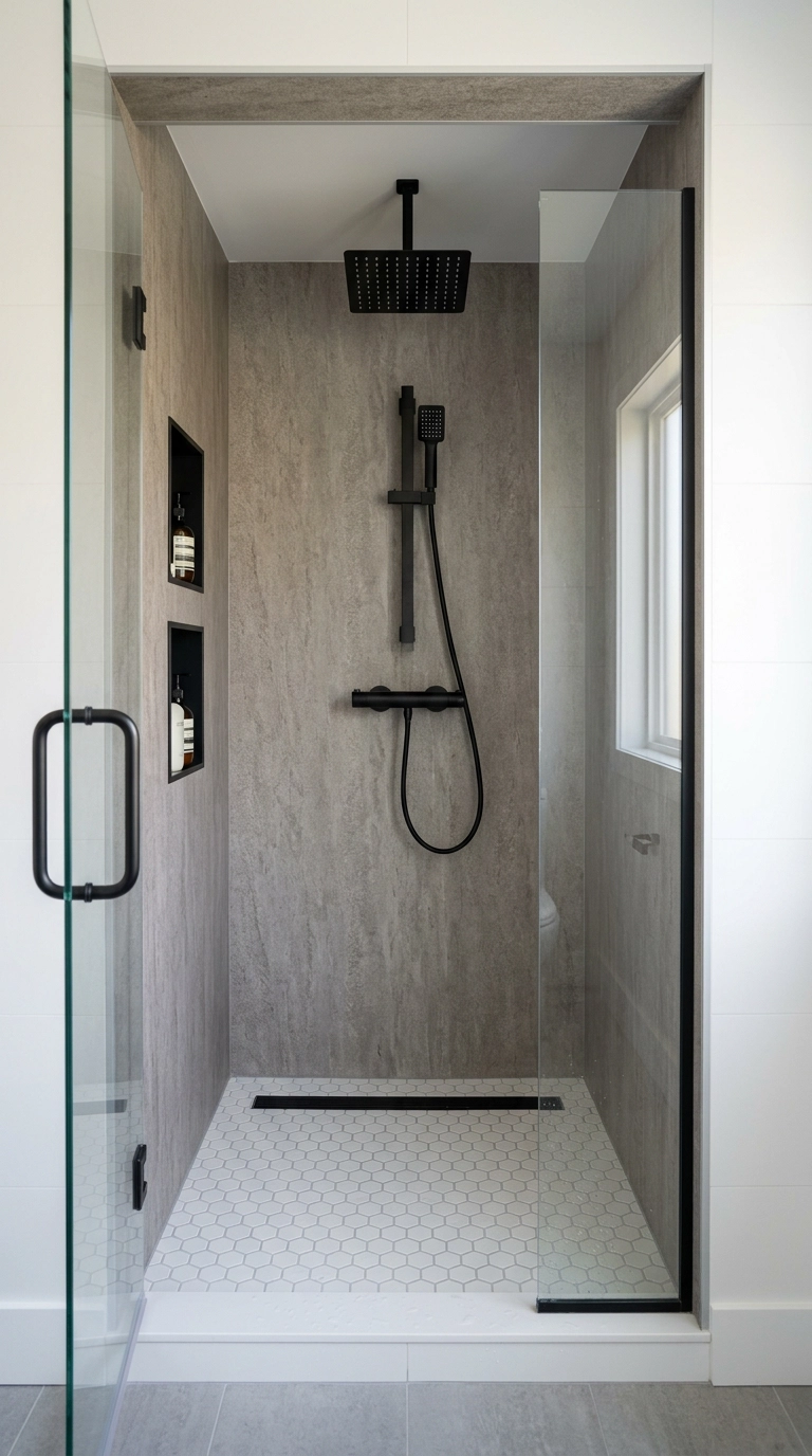 Stone-look vinyl wallpaper lining the walls inside a tiled shower alcove