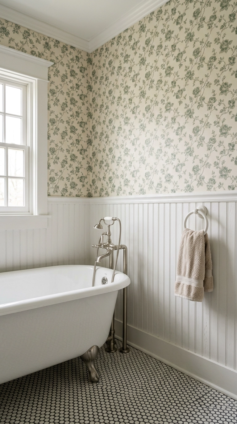 Half-wall sage floral wallpaper above white beadboard wainscoting in a clawfoot tub bathroom