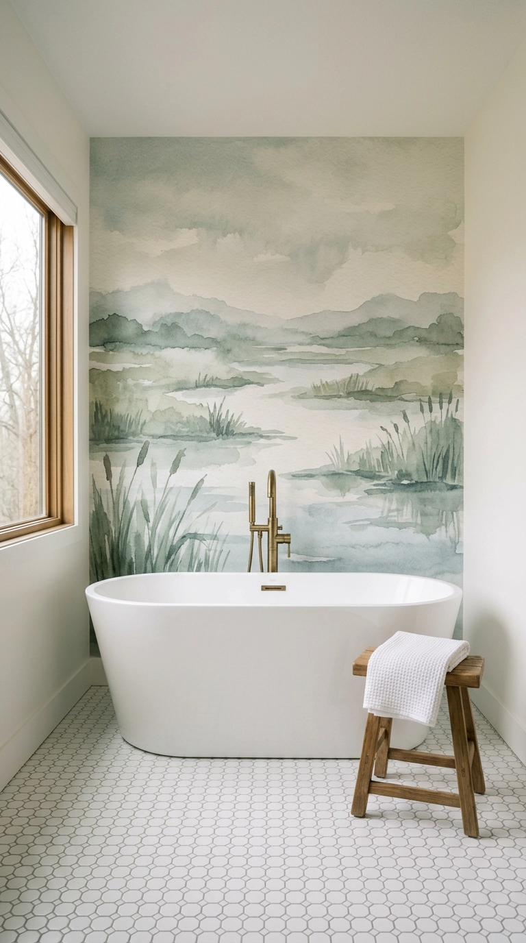 Watercolor marsh mural behind a freestanding white slipper tub