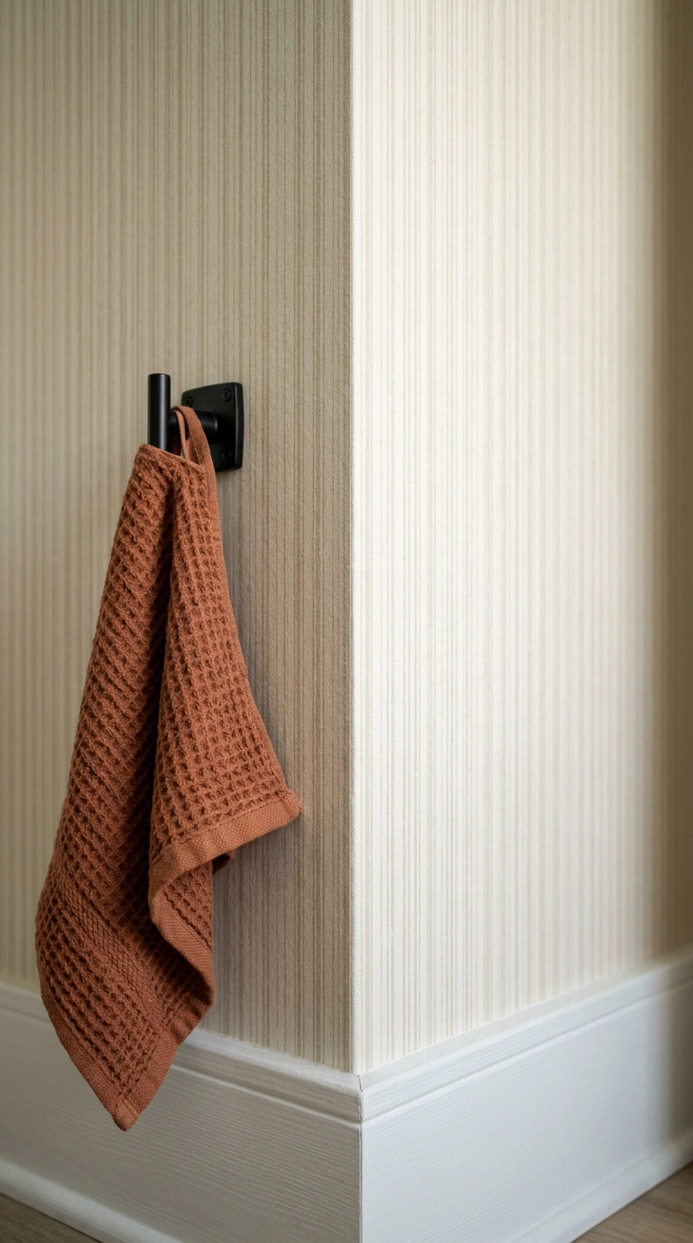 Close-up of textured non-woven cream wallpaper seam beside a black towel hook