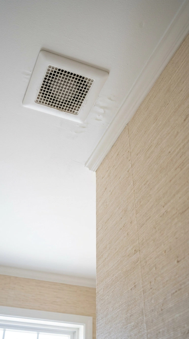 White ceiling exhaust fan cover beside a cream wallpapered bathroom wall