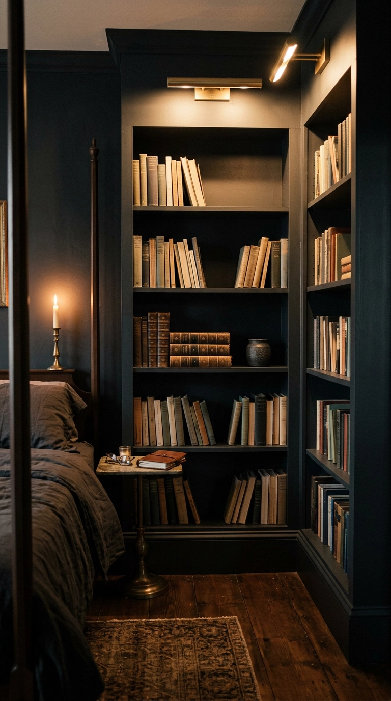 Brass picture light mounted above dark bedroom bookshelves casting warm light