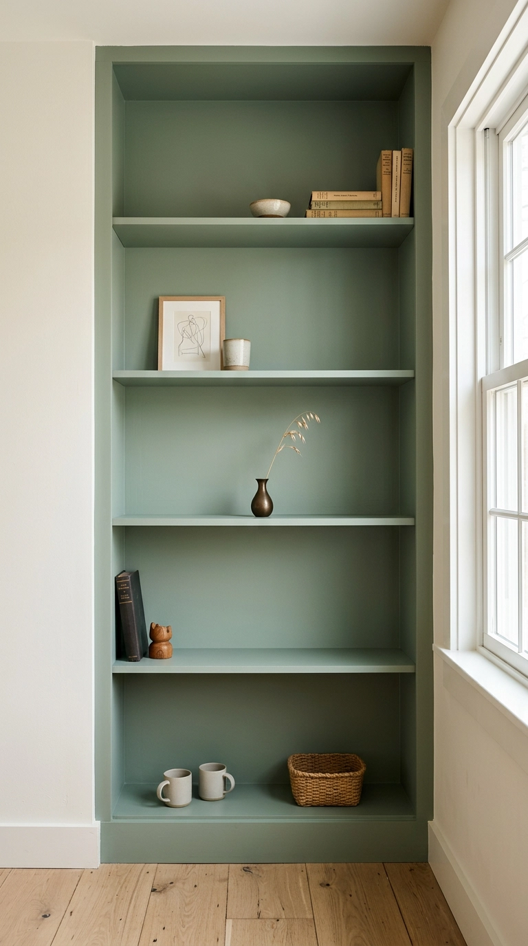 Built-in sage green shelving with one nearly empty shelf holding a single bud vase