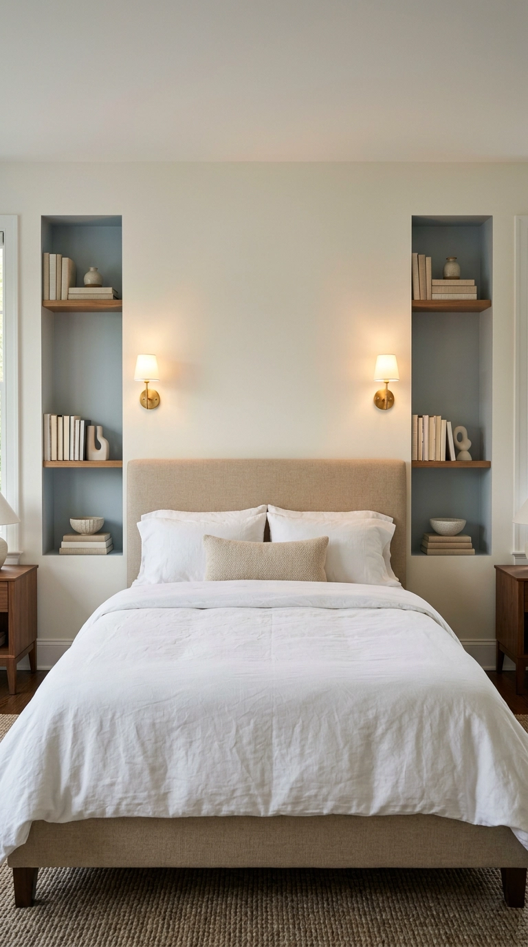 Two symmetrical built-in alcove bookshelves flanking an upholstered bedroom bed