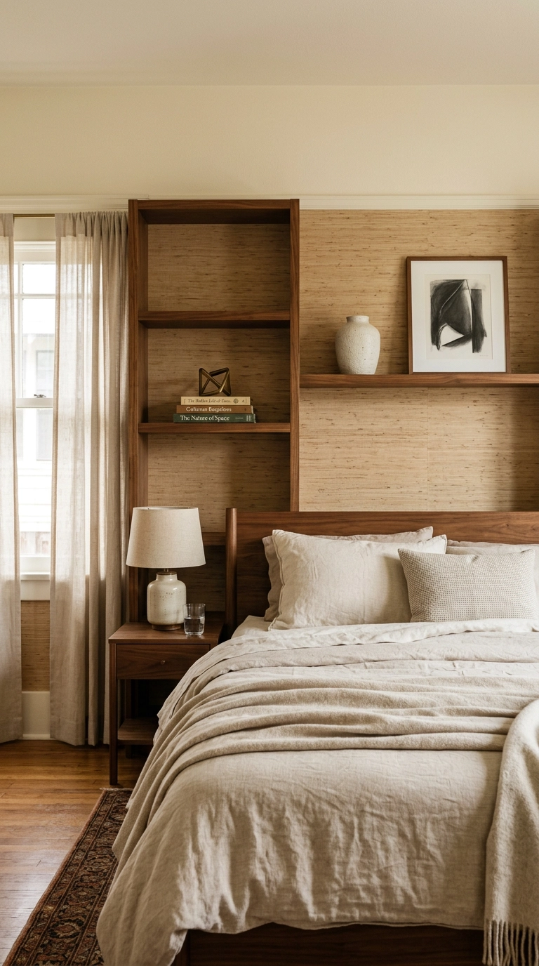 Bedroom bookshelves with muted grasscloth wallpaper backing the shelves