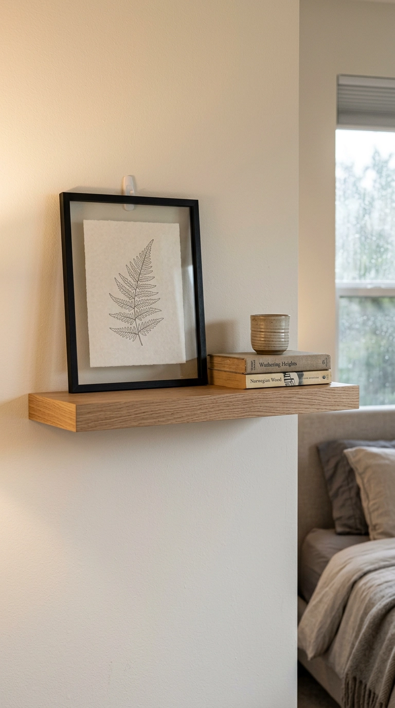Small framed botanical print hung on the face of a floating bedroom shelf
