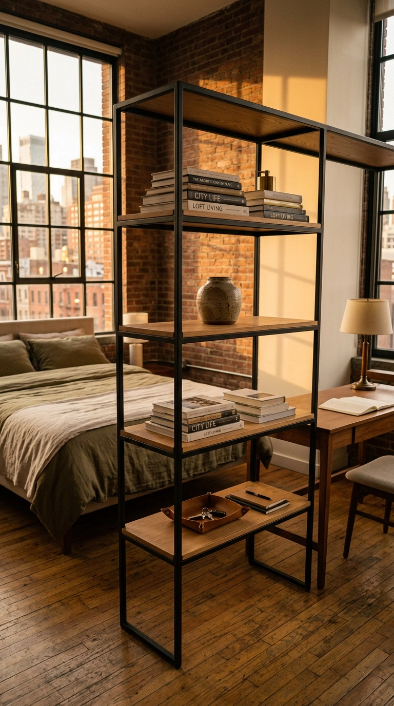Freestanding open etagere in walnut and iron dividing a loft bedroom
