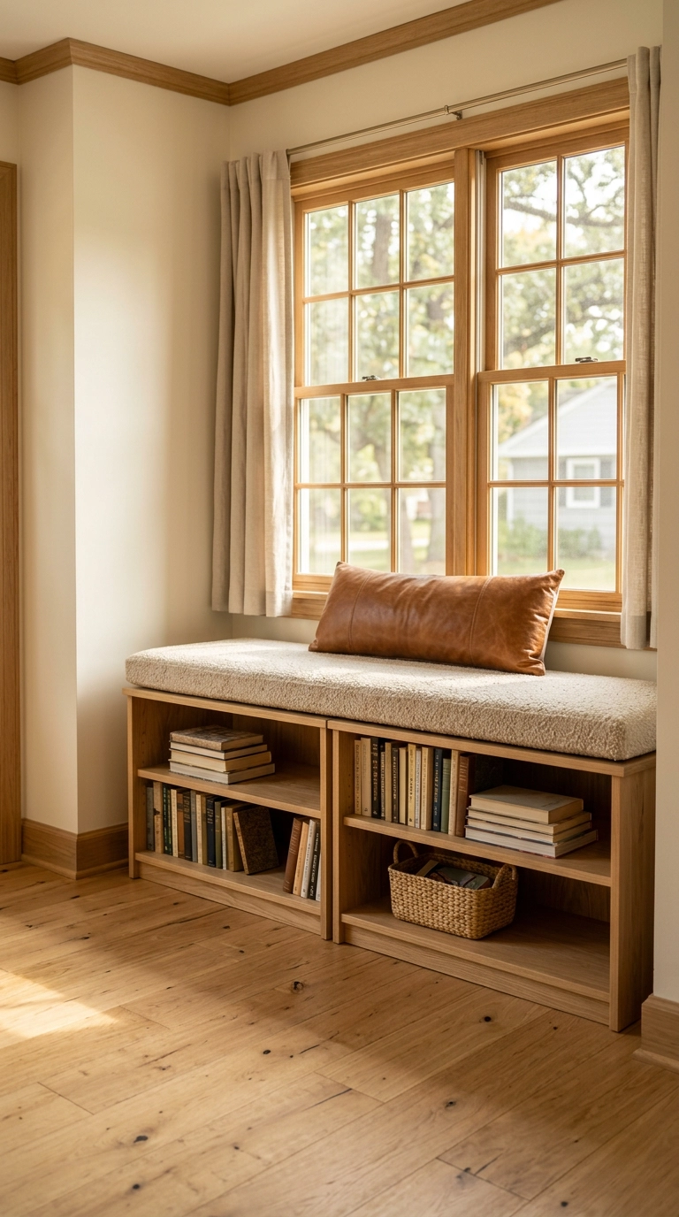 Low bookcases under a bedroom window topped with a cushion to form a bench
