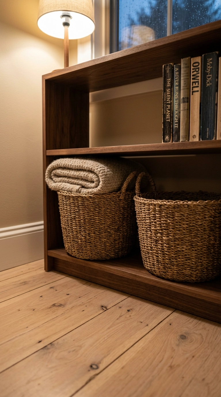 Two woven seagrass baskets on the bottom shelf of a walnut bookcase with a folded throw