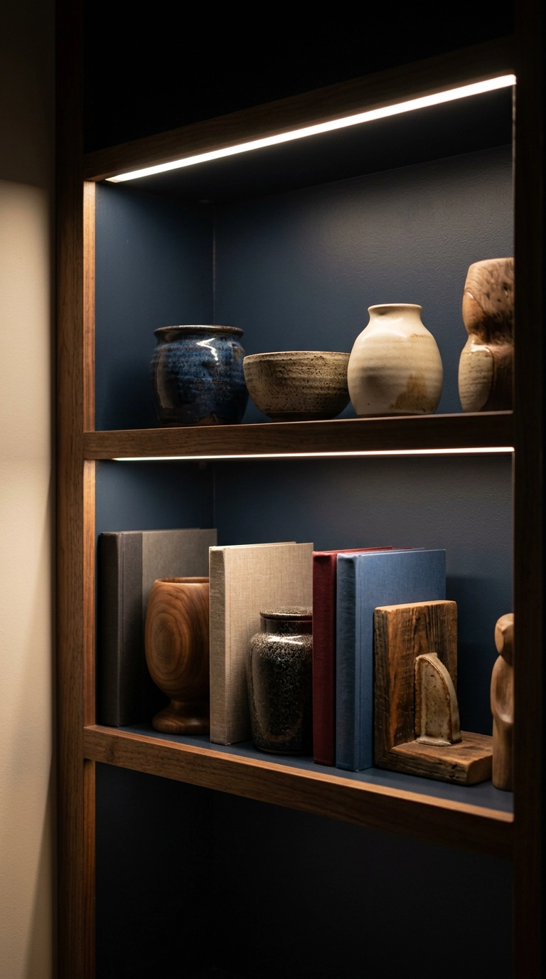 Warm LED strip lighting concealed under each shelf of a navy built-in bookcase at night