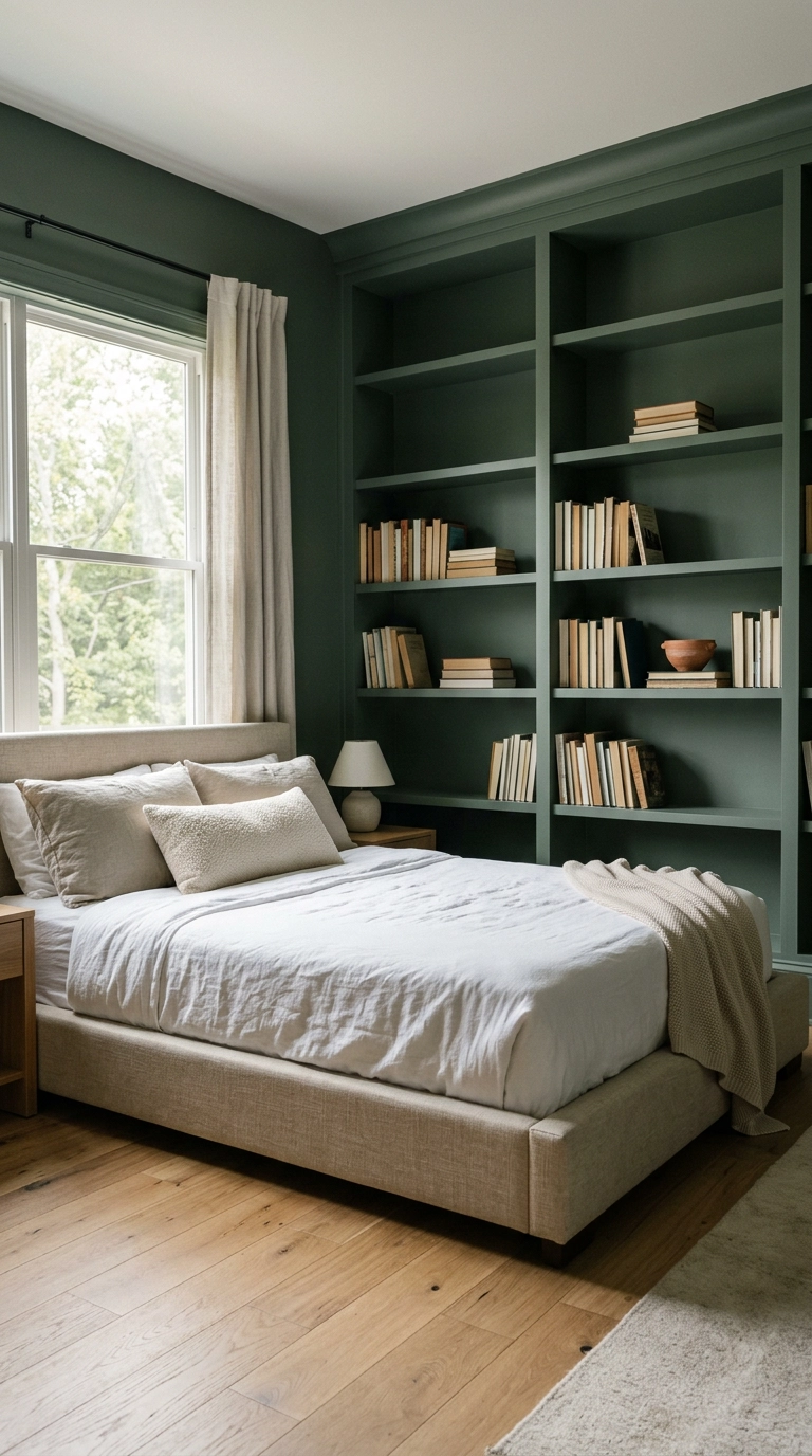 Bedroom with built-in bookshelves painted the same deep green as the wall and trim