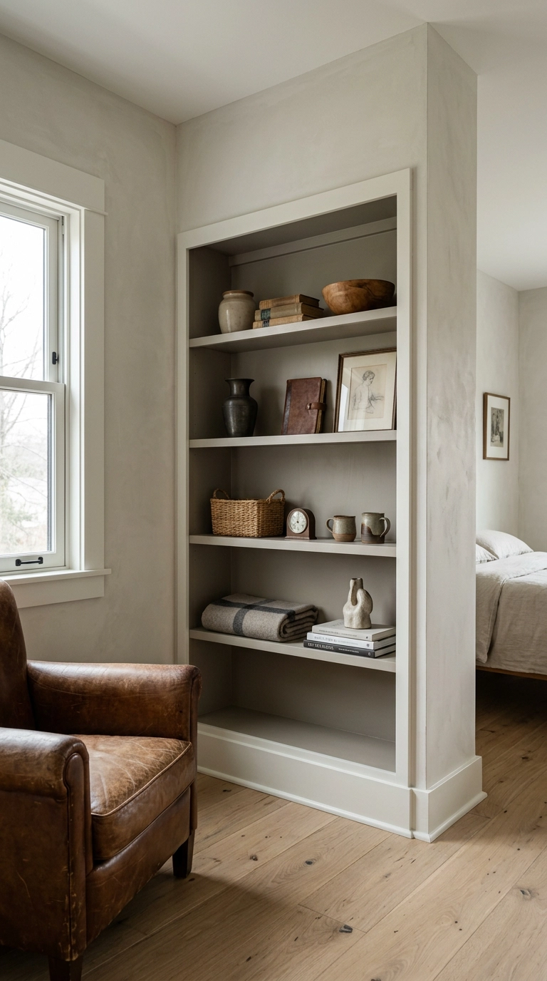Built-in shelving with bone white trim matching the baseboard and deeper clay shelf interiors