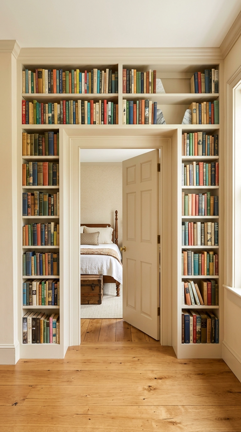 Bookshelves built around and above a bedroom doorway framing the entry