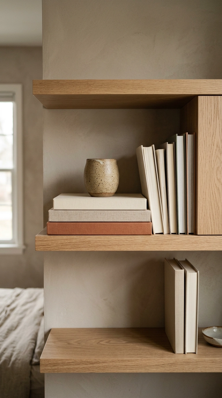 Books stacked flat on an oak shelf with a small stoneware vessel resting on top