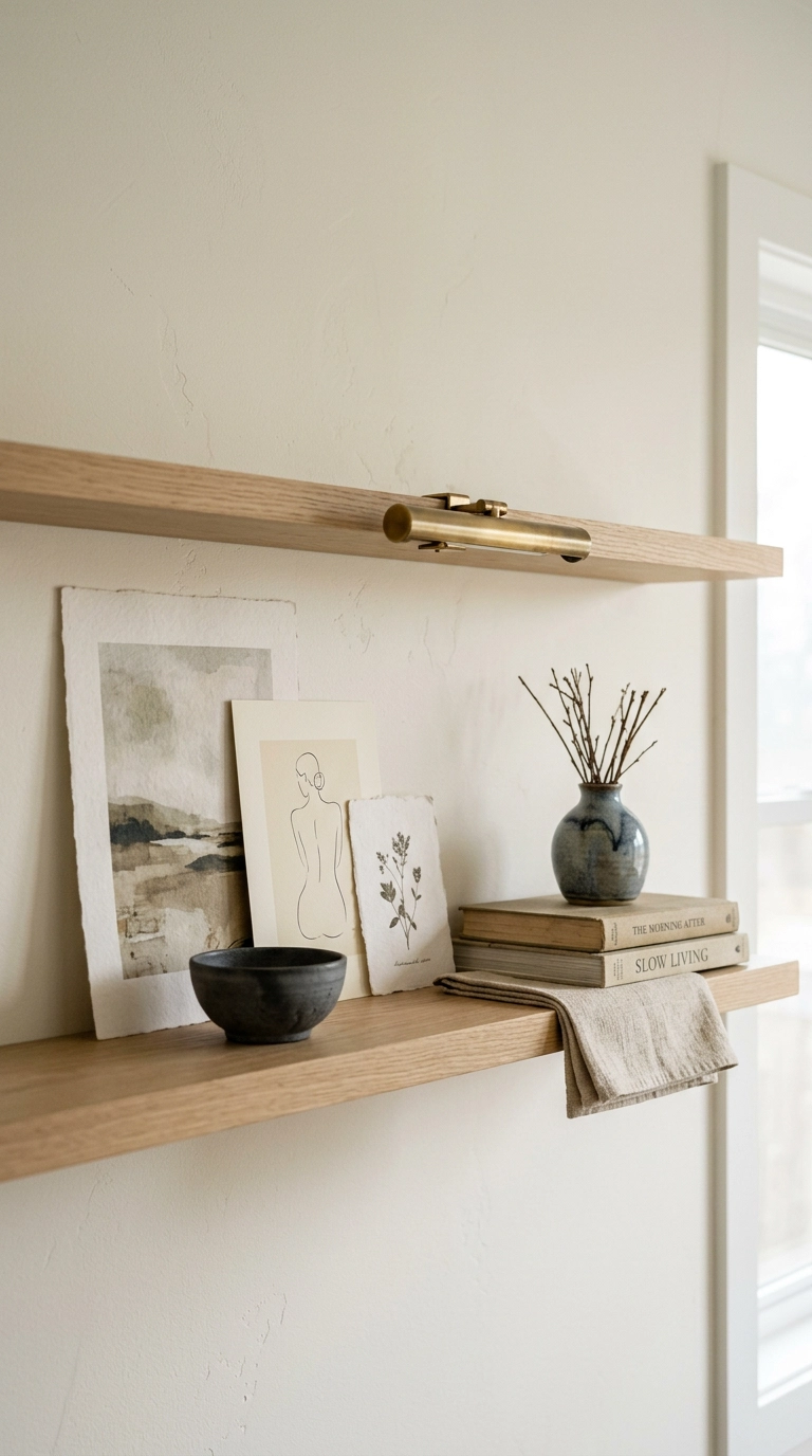 Bedroom shelf styled as an art ledge with layered unframed pieces