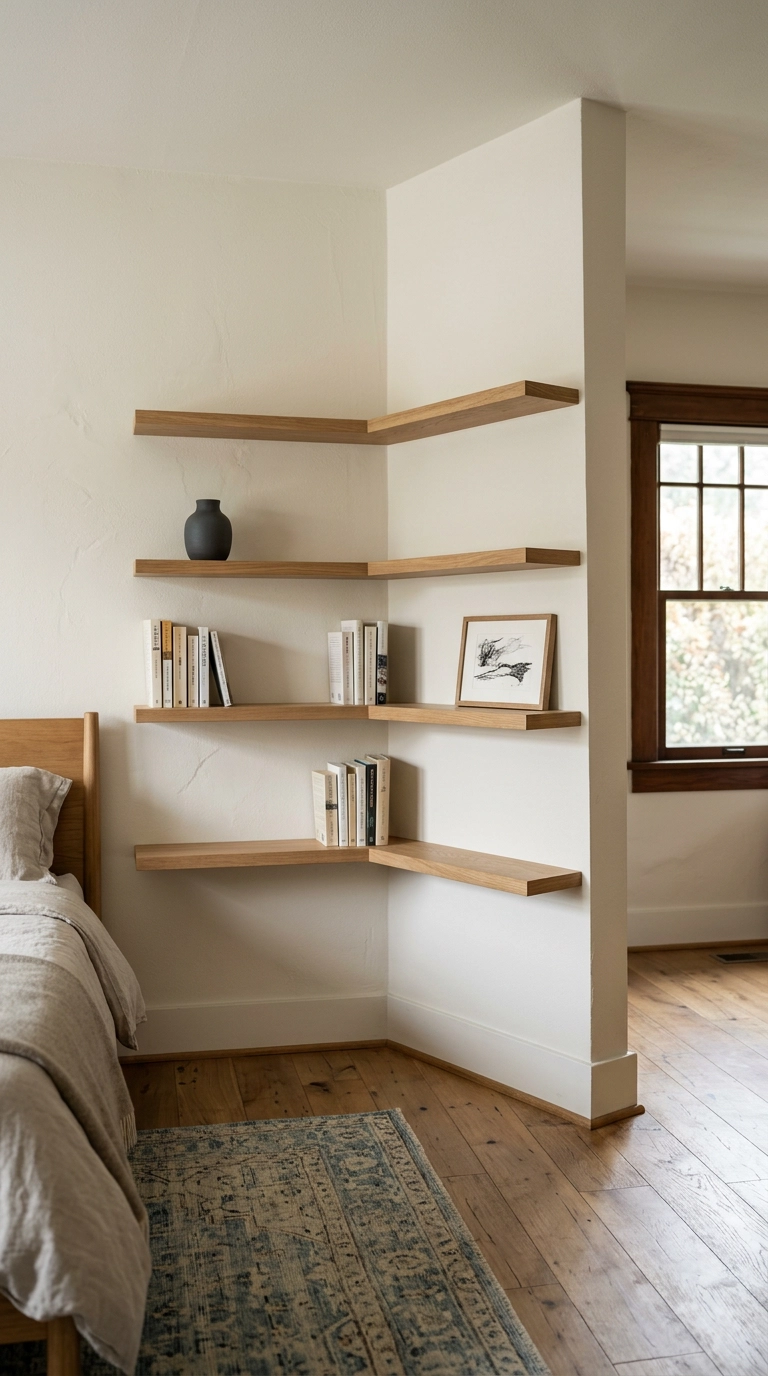 Floating shelves wrapping around a bedroom corner across two walls
