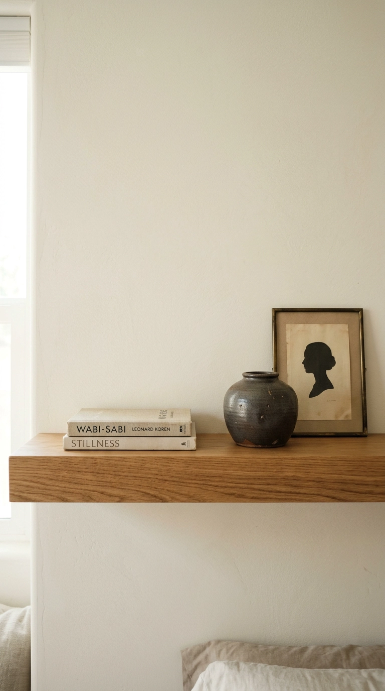 Bedroom shelf styled with three objects grouped in an odd-number arrangement