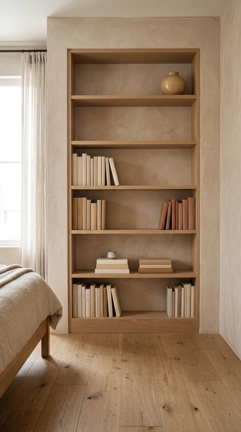 Bedroom bookcase with books grouped in soft cream tan and rust tonal bands