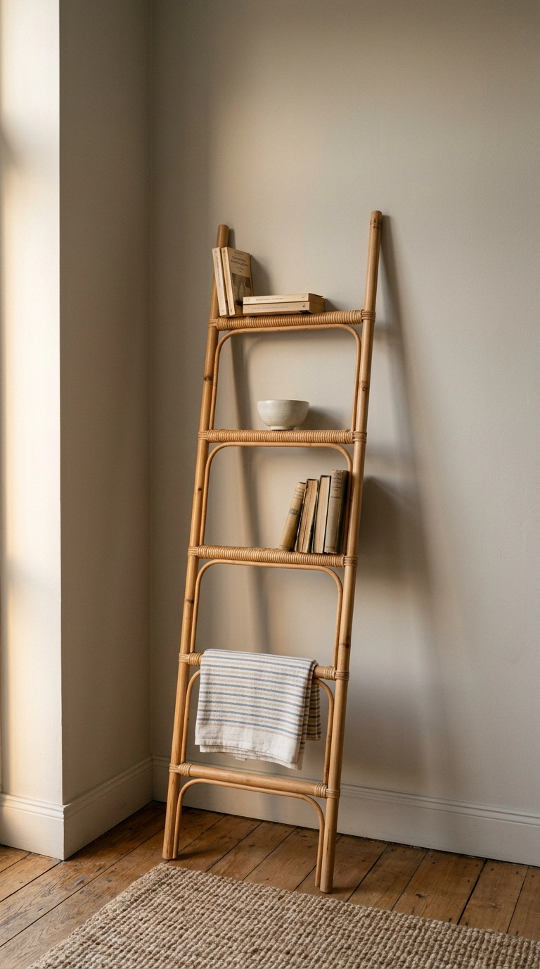 Leaning rattan and pine ladder shelf in an empty bedroom corner holding books