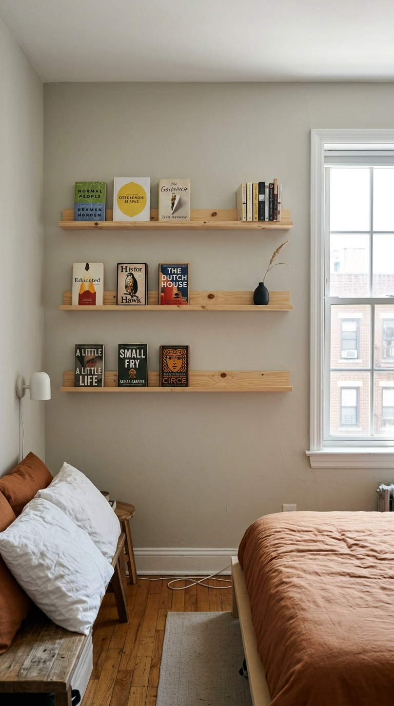 Three narrow picture ledge rails across a bedroom wall holding books face-out