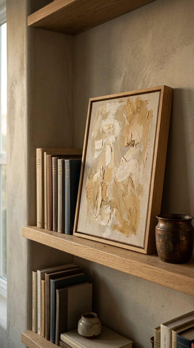 Abstract ochre canvas propped at an angle in front of books on an oak shelf