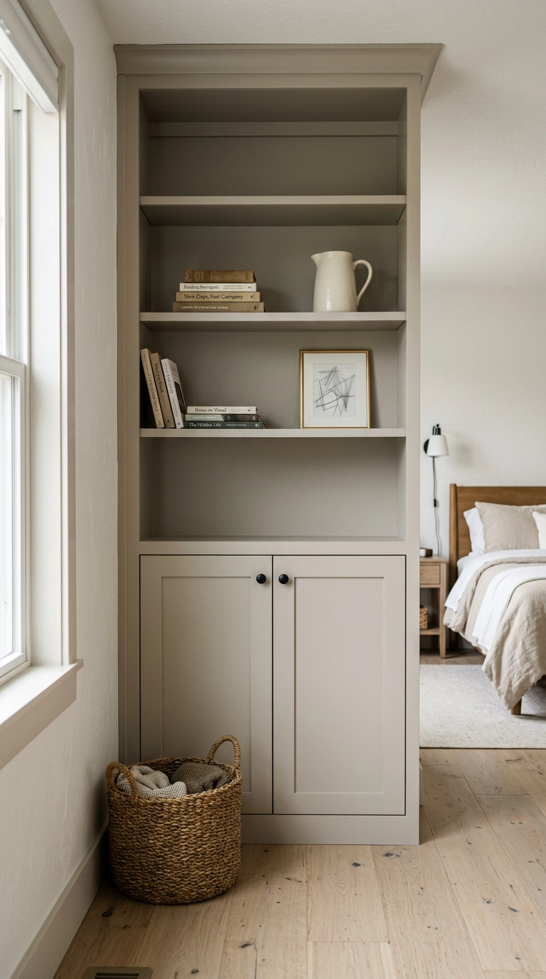 Bedroom shelving with open shelves above and closed cabinet doors at the base