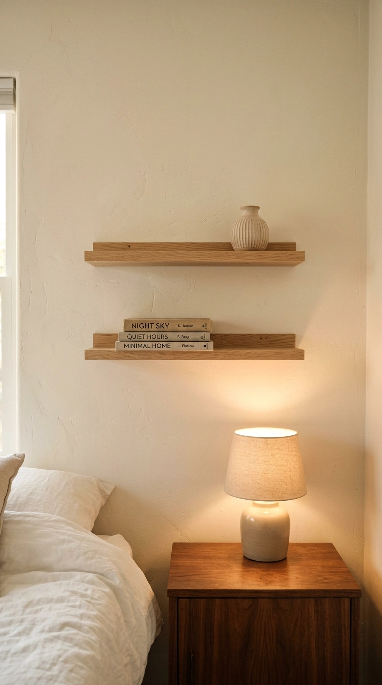 Two slim floating oak shelves holding books above a bedroom nightstand