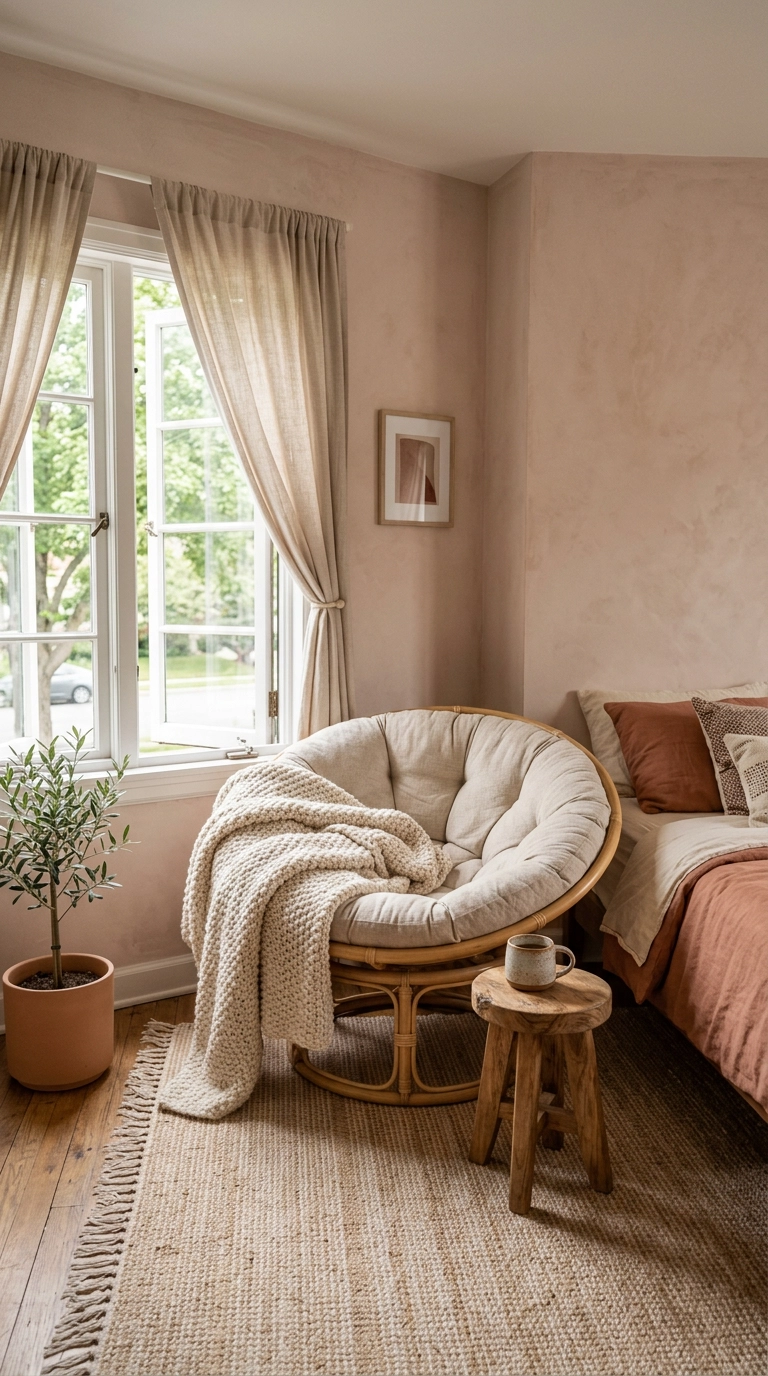 Round rattan lounge chair with an oatmeal cushion in a clay-pink bedroom