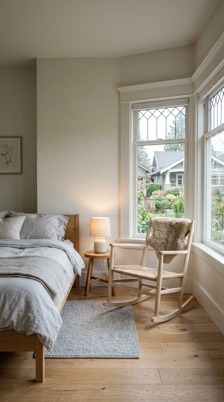 Pale ash rocking chair with a woven seat beside a bedroom bay window