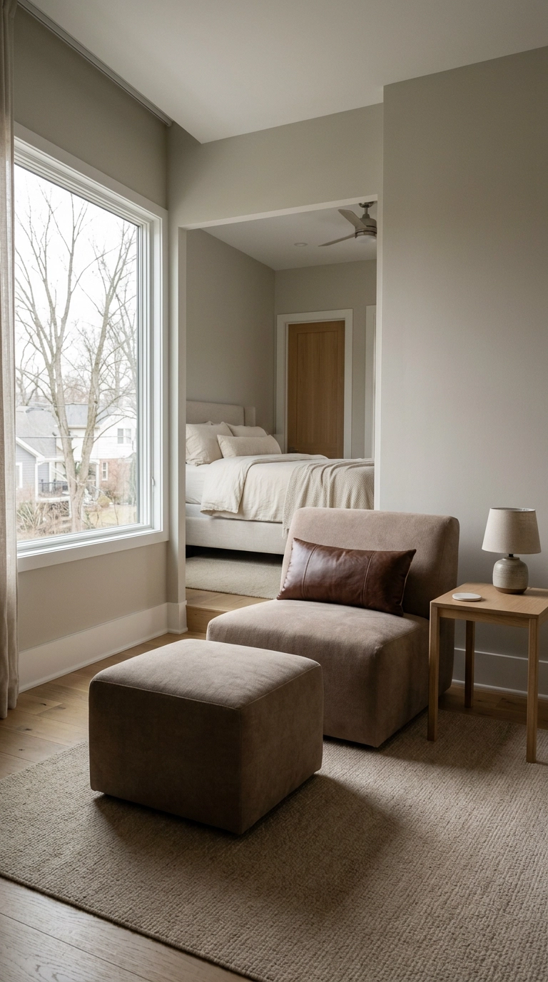 Taupe lounge chair with a matching square ottoman in a greige bedroom