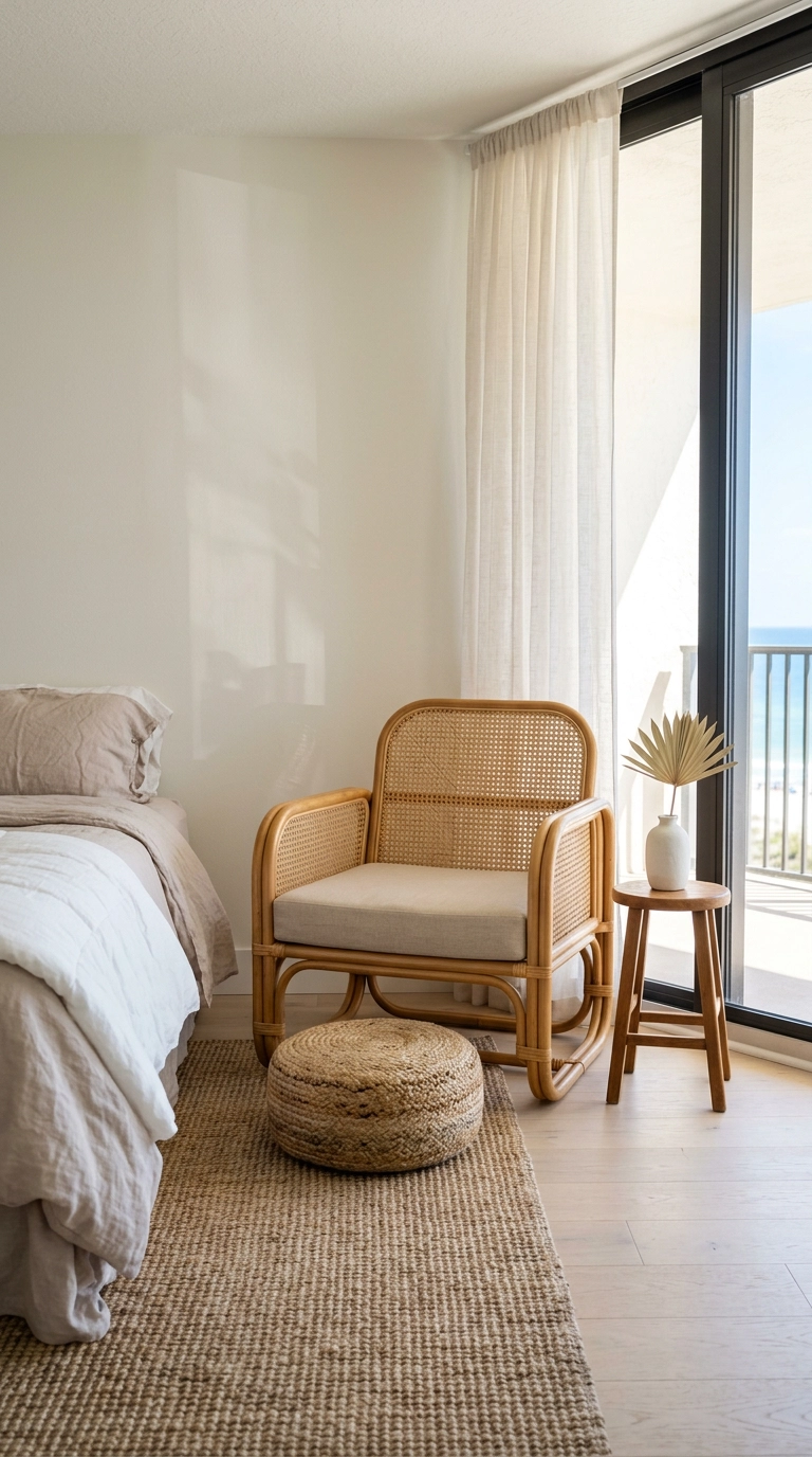 Rattan and cane bedroom chair with a sand cushion beside a sliding glass door