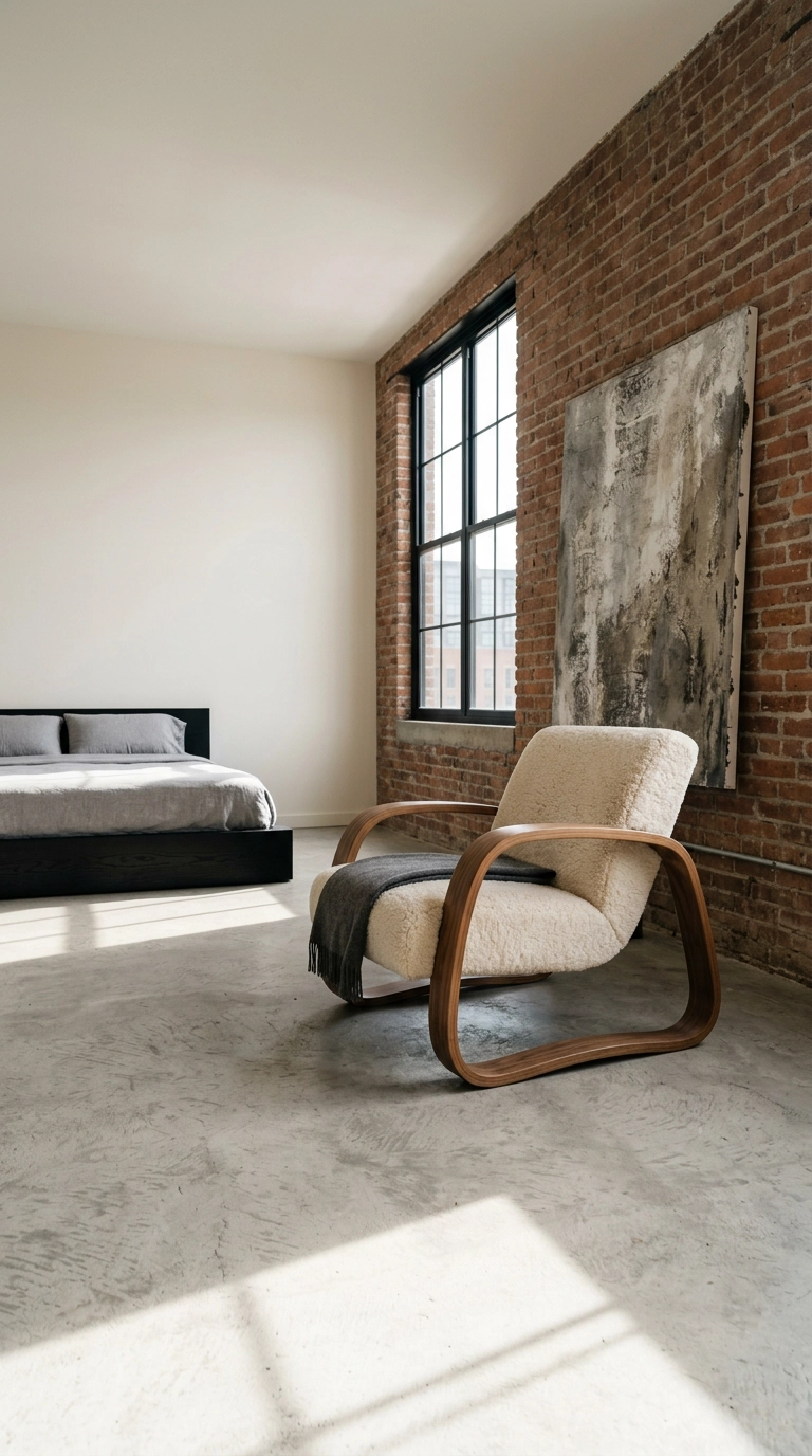 Sculptural cream shearling lounge chair with a bent walnut frame in a loft bedroom