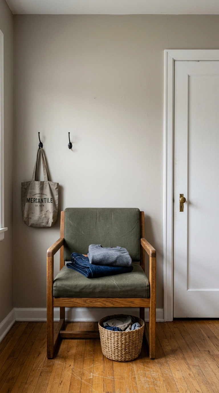 Olive canvas chair beside a bedroom closet with folded clothes and a laundry basket