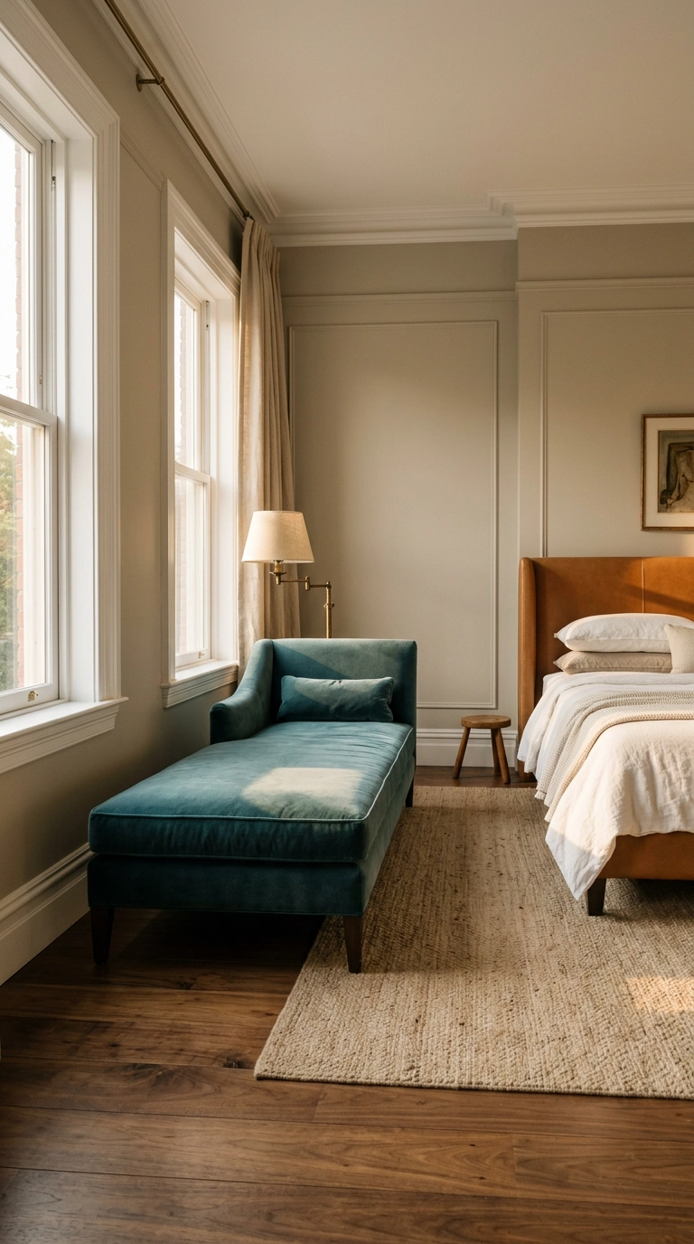 Deep teal velvet chaise lounge along a bedroom window wall at golden hour