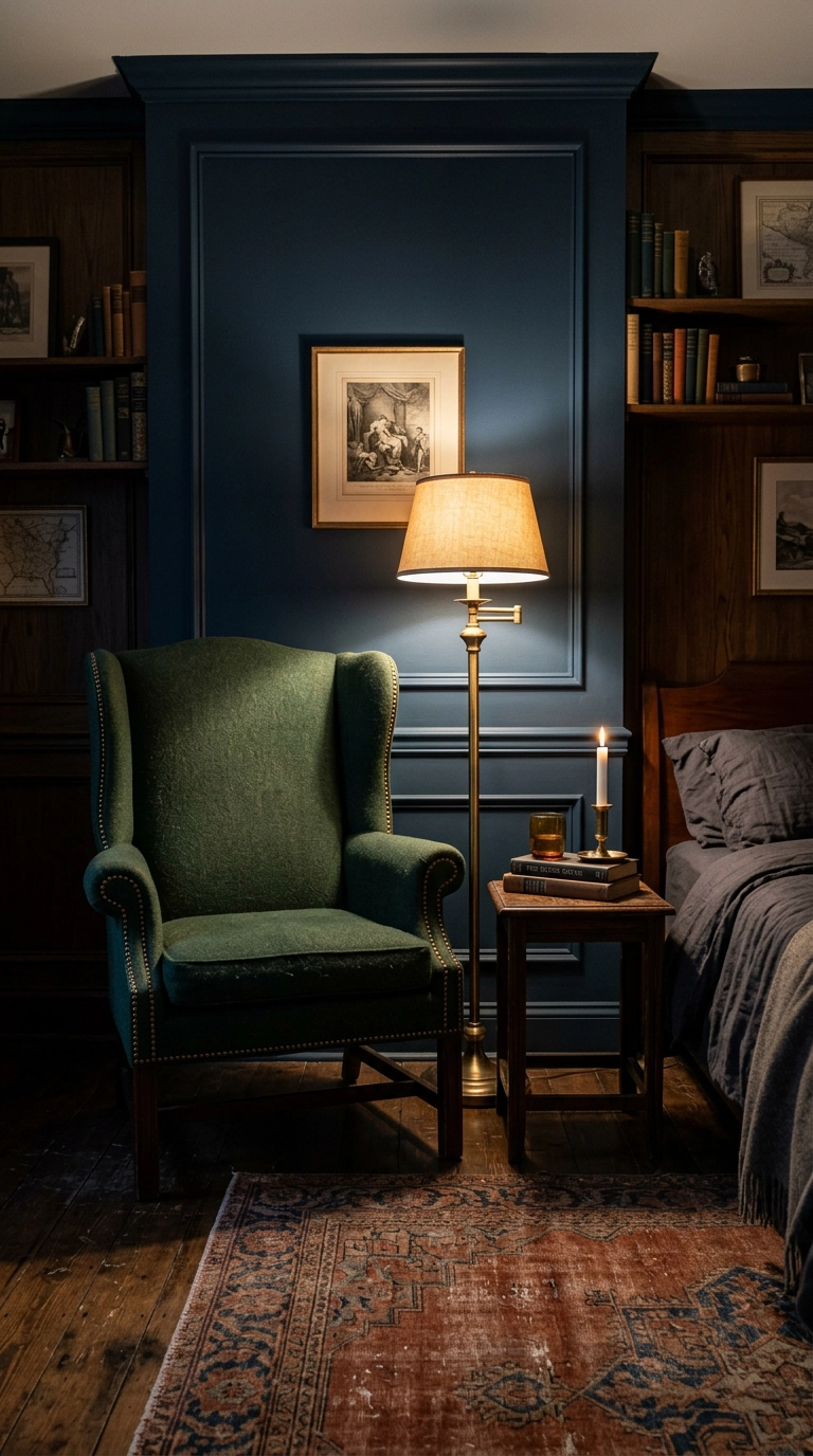 Forest green wingback chair with nailhead trim against an ink-blue bedroom wall