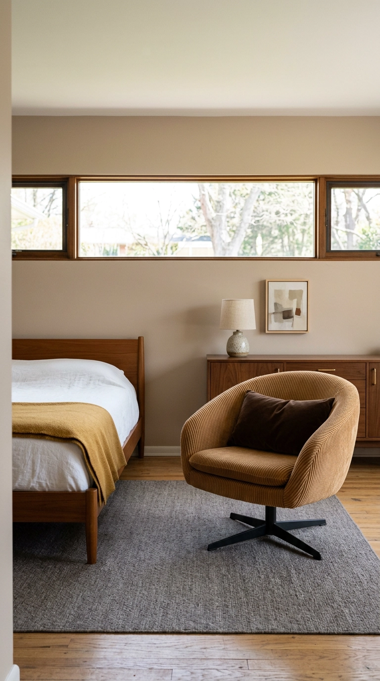 Camel corduroy swivel chair on a black base in a mid-century modern bedroom