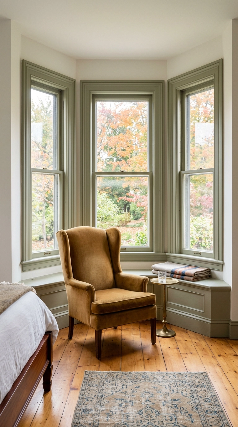 Ochre velvet high-back chair angled into a bedroom bay window nook