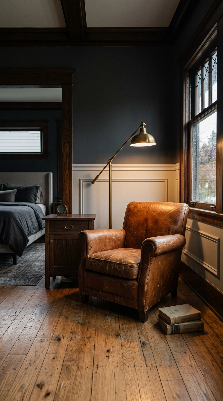 Cognac leather club chair in a charcoal bedroom with a brass arc floor lamp