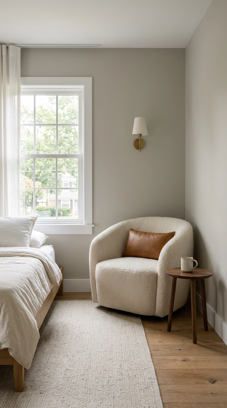 Cream boucle accent chair in a bedroom corner beside a window with a walnut side table