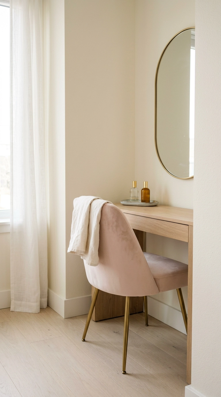 Blush velvet vanity chair tucked under a white oak vanity table in a bedroom