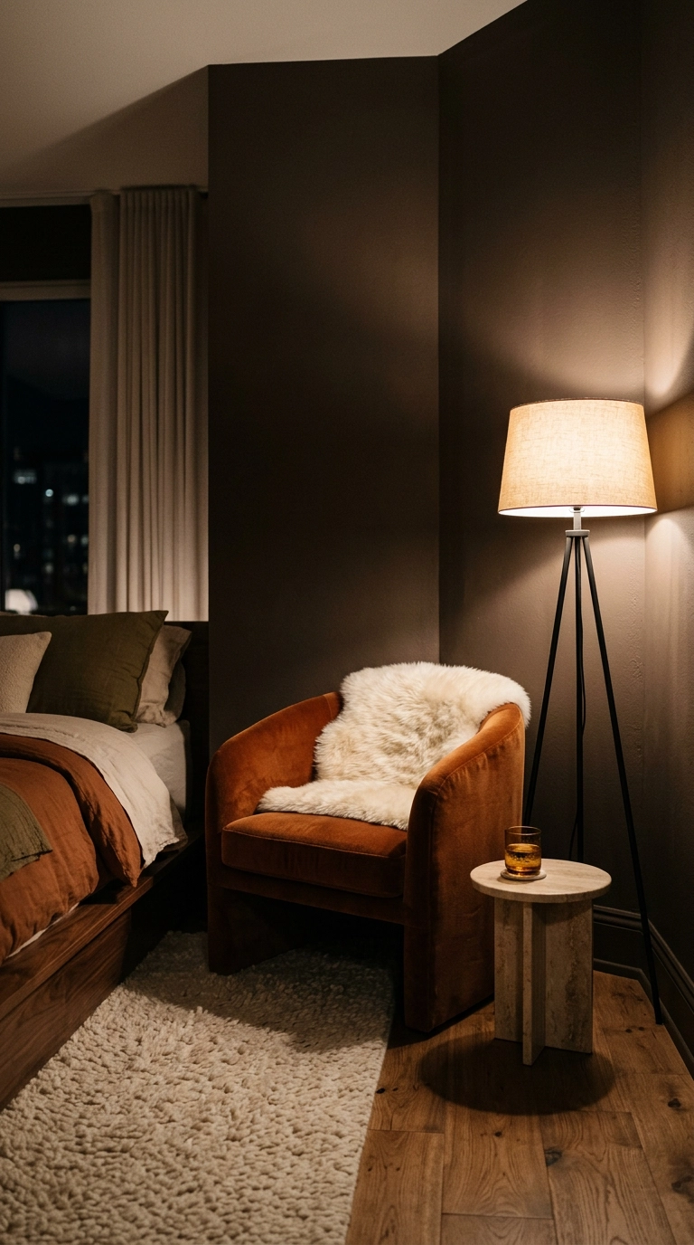Rust mohair corner chair with a sheepskin draped over it under a warm floor lamp