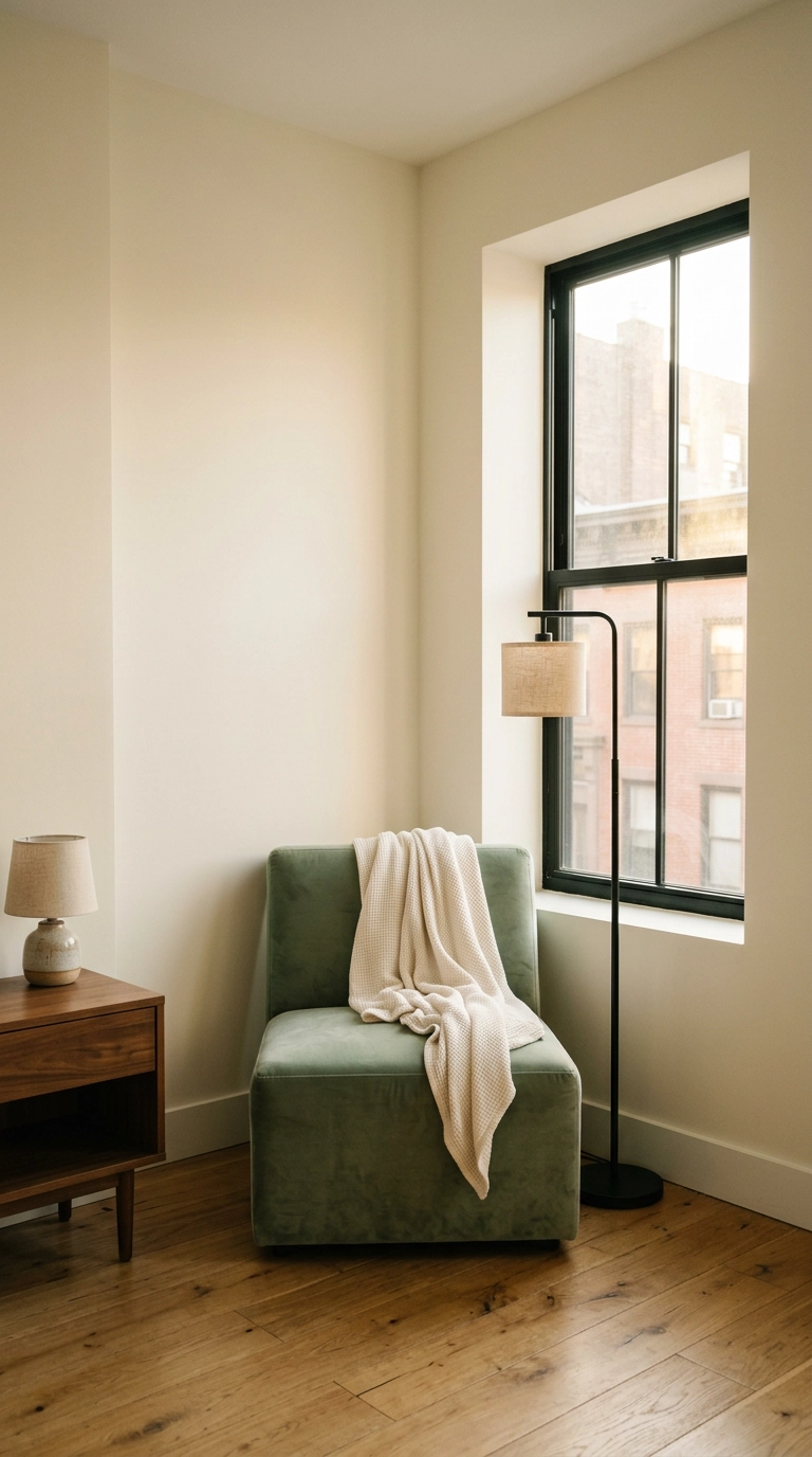 Sage green armless slipper chair tucked into the corner of a small bedroom