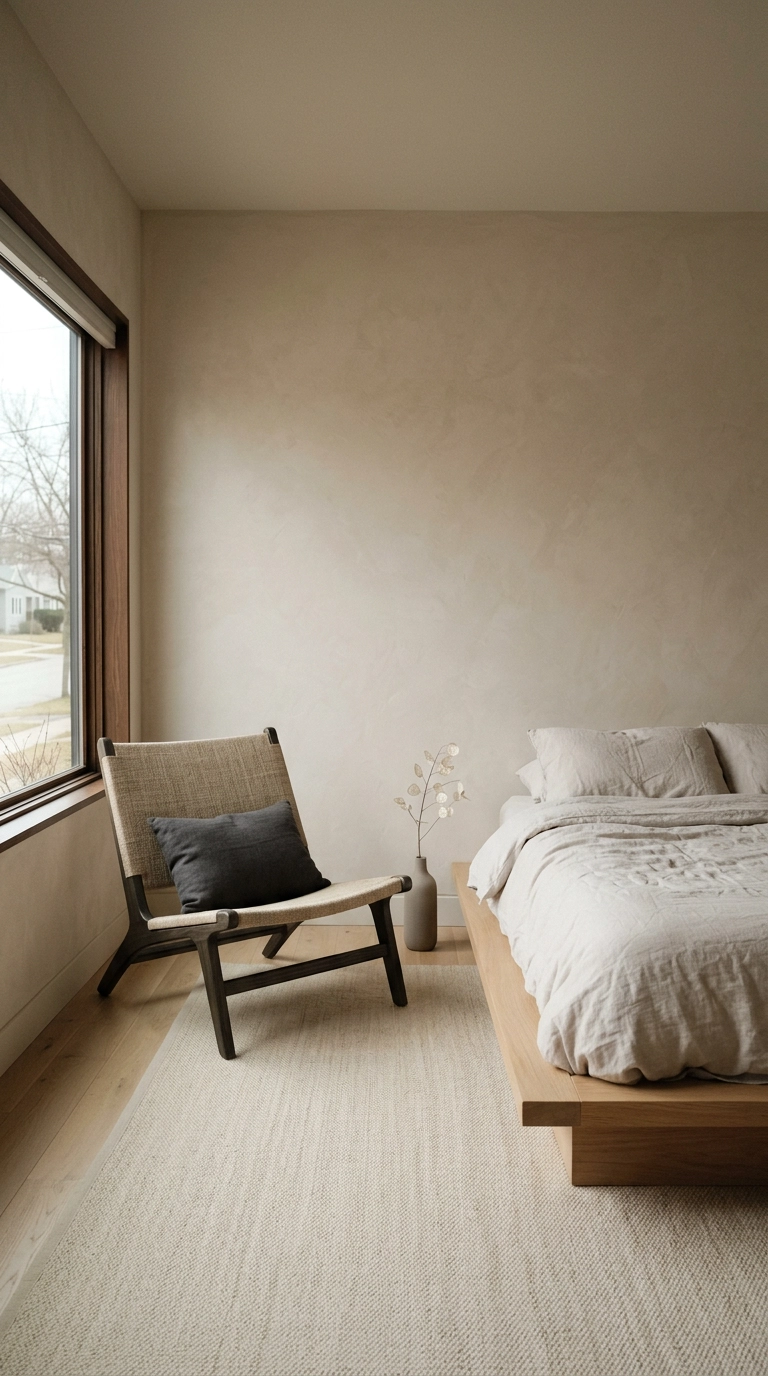 Low Japandi lounge chair with a woven flax seat beside a low platform bed