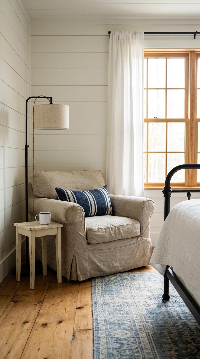 Flax linen slipcovered roll-arm chair in a modern farmhouse bedroom