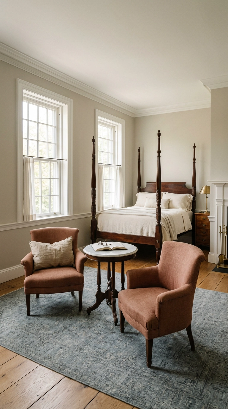 Pair of terracotta linen armchairs facing each other in a large bedroom