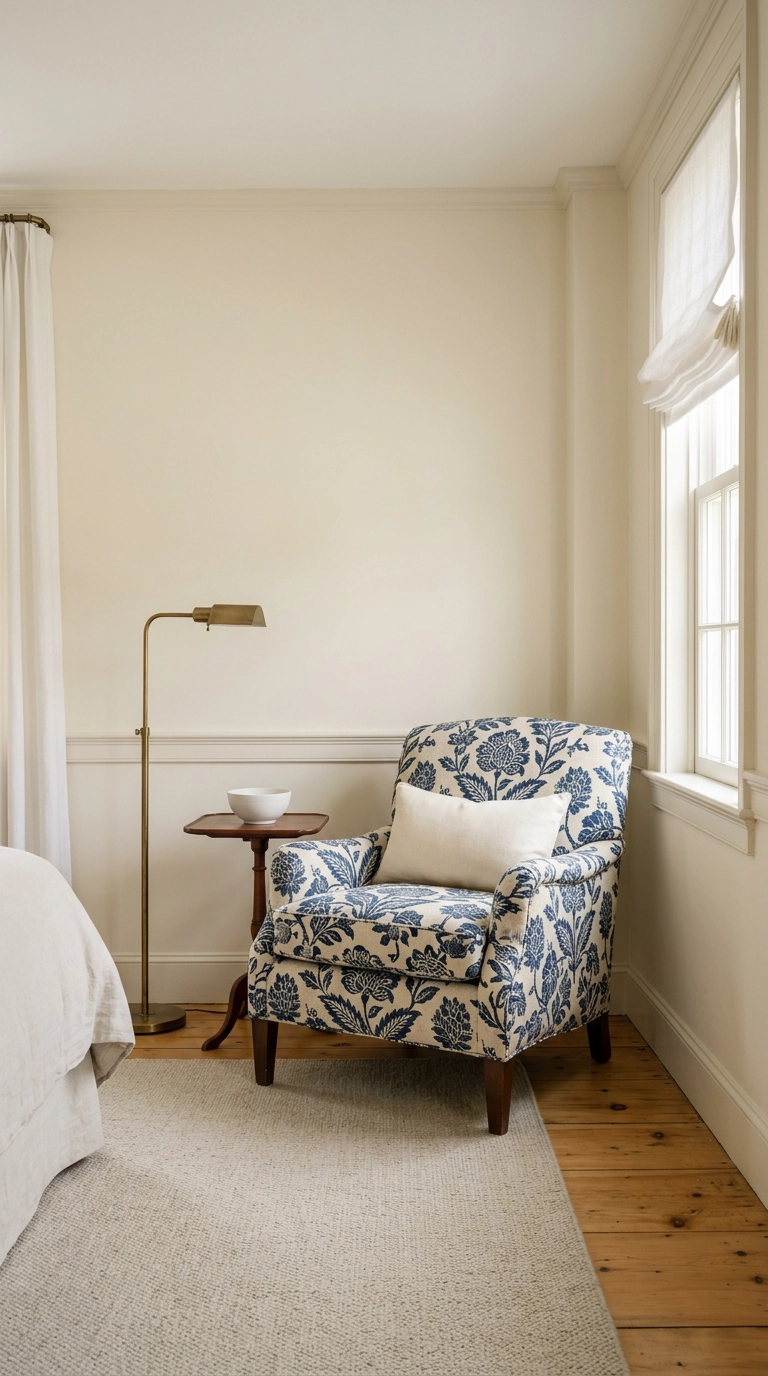 Navy and cream block-print armchair in a quiet cream bedroom
