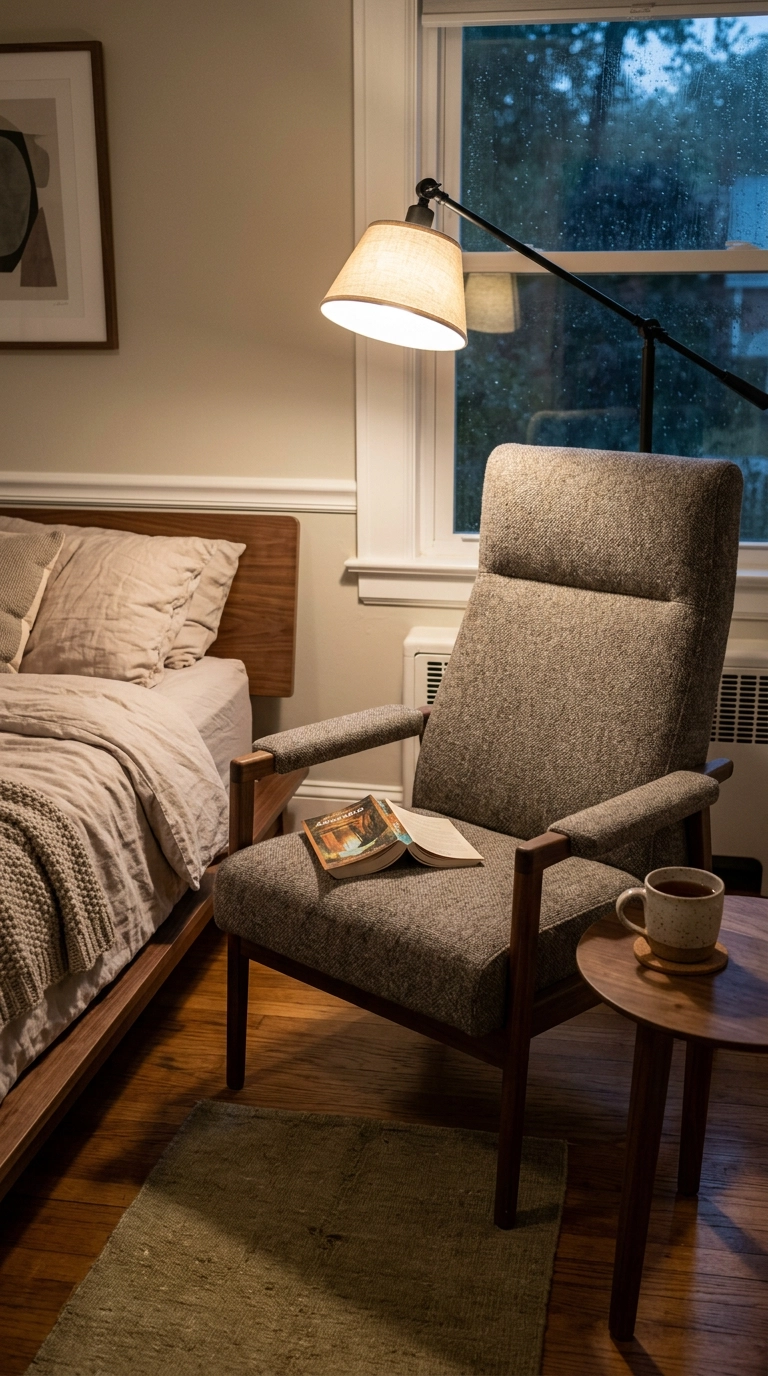Grey wool reading chair in a bedroom with a black swing-arm floor lamp overhead