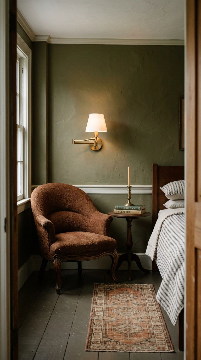 Vintage curved-back armchair reupholstered in rust wool in an olive green bedroom
