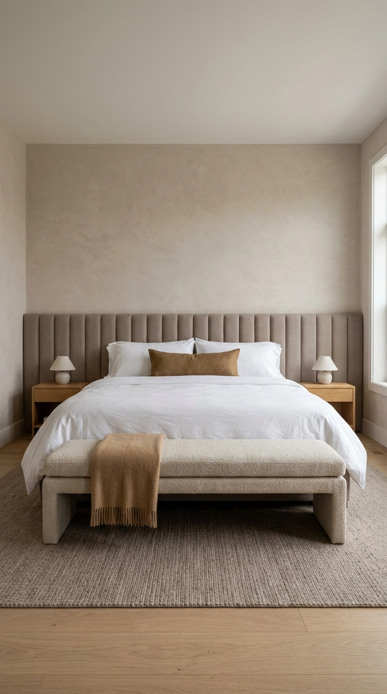 Oatmeal upholstered bench at the foot of a king bed with a tufted taupe headboard
